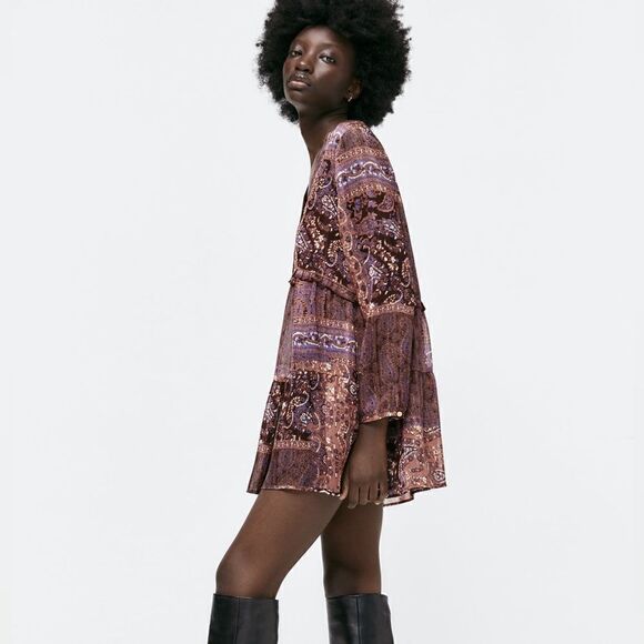 ZARA BOHO PATCHWORK PRINT MINI DRESS - Picture 4 of 12